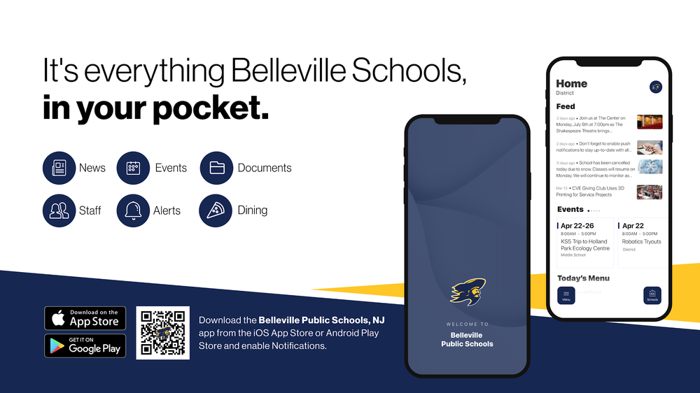 screenshots from the new app for Belleville public schools, with a QR code in the lower left. "It's everything Belleville Schools, in your pocket"